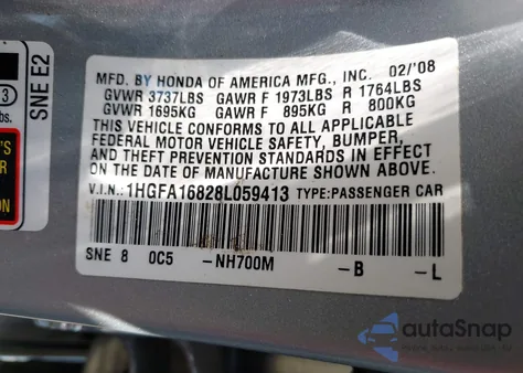 2008 Honda Civic Ex from USA, damaged, VIN 1HGFA16828L059413